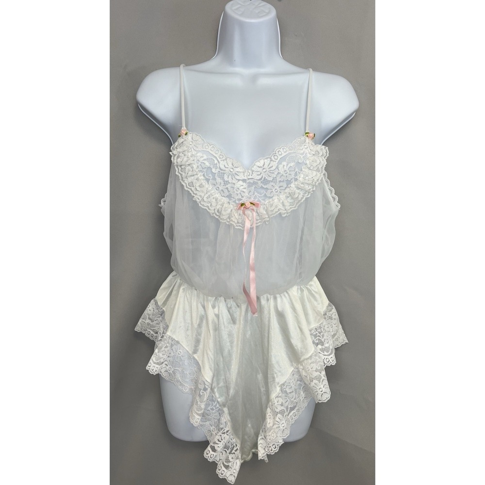 VTG Cinema Etoile Lingerie Sheer Teddy White  Ruffle Lace Bodysuit Sz M Made USA